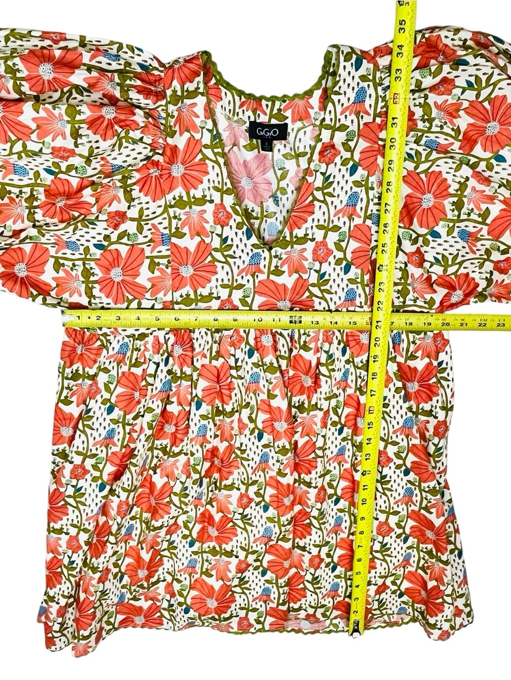 Gigio Babydoll Dress Coral Cream Floral Puffy Balloon Sleeve Pockets S Made/USA - Picture 13 of 16